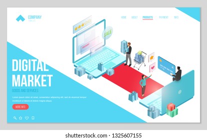 Design website or landing page template. Minimal modern concept for online shopping, e-commerce market. Isometric vector illustration.