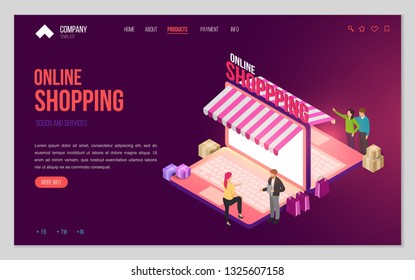 Design website or landing page template. Minimal modern concept for online shopping, e-commerce market. Isometric vector illustration.