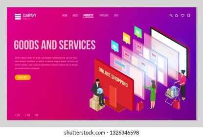 Design website or landing page template. Minimal modern concept for online shopping, e-commerce market. Isometric vector illustration.