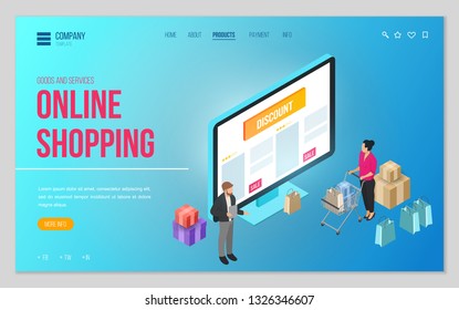 Design website or landing page template. Minimal modern concept for online shopping, e-commerce market. Isometric vector illustration.