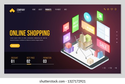 Design website or landing page template. Minimal modern concept for online shopping, e-commerce market. Isometric vector illustration.