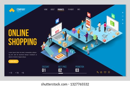 Design website or landing page template. Minimal modern concept for online shopping, e-commerce market. Isometric vector illustration.