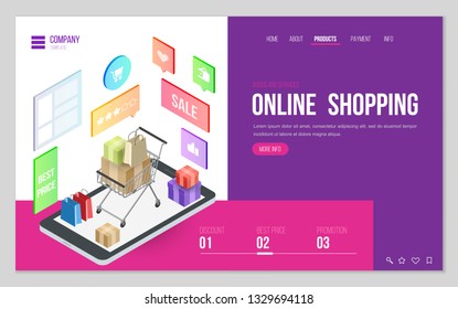 Design website or landing page template. Minimal modern concept for online shopping, e-commerce market. Isometric vector illustration.