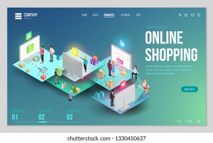 Design website or landing page template. Minimal modern concept for online shopping, e-commerce market. Isometric vector illustration.