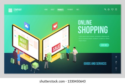 Design website or landing page template. Minimal modern concept for online shopping, e-commerce market. Isometric vector illustration.