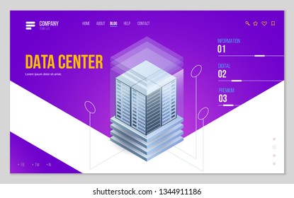 Design website or landing page template. Minimal modern high technology concept for data center with server or hosting. Isometric vector illustration.