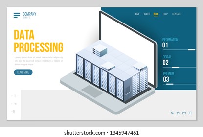 Design website or landing page template. Minimal modern high technology concept for data center with server or hosting. Isometric vector illustration.
