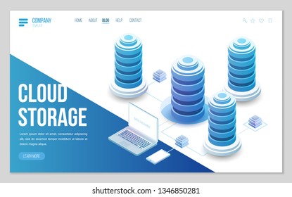 Design website or landing page template. Minimal modern high technology concept for data center with server or hosting. Isometric vector illustration.