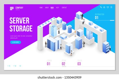Design website or landing page template. Minimal modern high technology concept for data center with server or hosting. Isometric vector illustration.