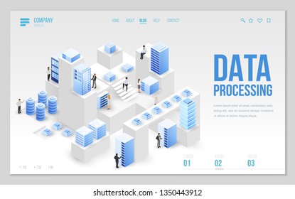 Design website or landing page template. Minimal modern high technology concept for data center with server or hosting. Isometric vector illustration.
