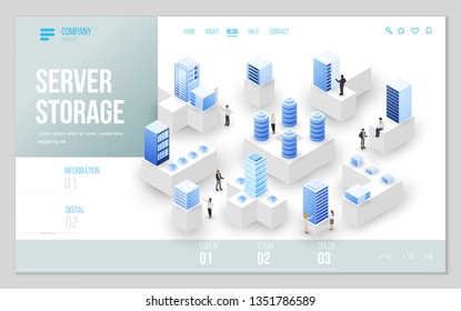 Design website or landing page template. Minimal modern high technology concept for data center with server or hosting. Isometric vector illustration.