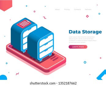 Design website or landing page template. Mobile modern high technology concept for data storage. Isometric vector illustration.