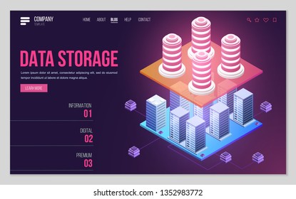 Design website or landing page template. Minimal modern high technology concept for data center with server or hosting. Isometric vector illustration.