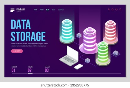 Design website or landing page template. Minimal modern high technology concept for data center with server or hosting. Isometric vector illustration.