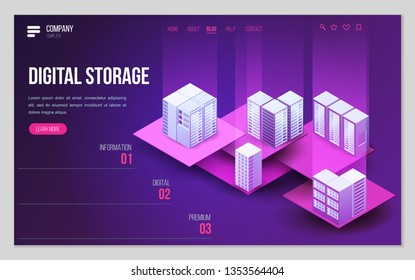Design website or landing page template. Minimal modern high technology concept for data center with server or hosting. Isometric vector illustration.