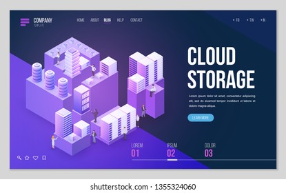 Design website or landing page template. Minimal modern high technology concept for data center with server or hosting. Isometric vector illustration.