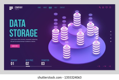 Design website or landing page template. Minimal modern high technology concept for data center with server or hosting. Isometric vector illustration.