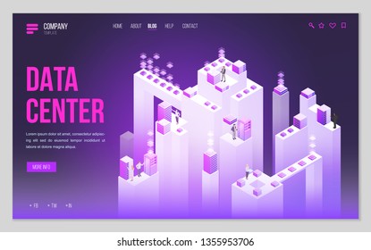 Design website or landing page template. Minimal modern high technology concept for data center with server or hosting. Isometric vector illustration.