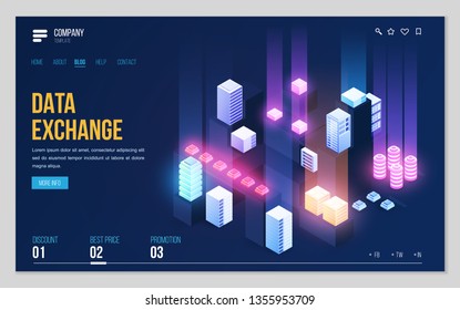Design website or landing page template. Minimal modern high technology concept for data center with server or hosting. Isometric vector illustration.