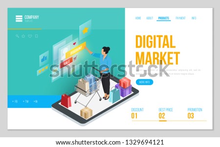 Design website or landing page template. Minimal modern concept for online shopping, e-commerce market. Isometric vector illustration.