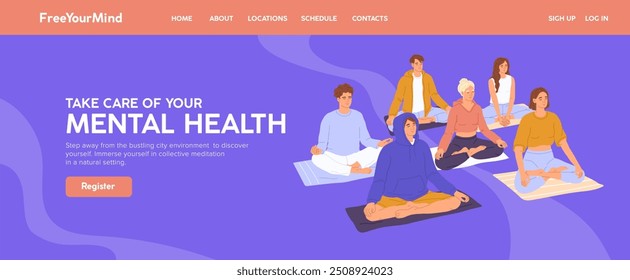 Design of website of retreat meditation class. Template of site interface of yoga lessons. Web banner, promo page of group practices of mind balance, breathing, mindfulness. Flat vector illustration