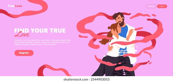 Design of website of romantic dating, searching love. Happy couple intimate hugs, cuddle on web banner. People embrace, lovers expression feelings, attitude in relationships. Flat vector illustration.