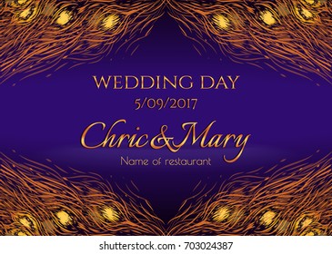 Design wedding card. Invitation card. Dark purple background with feathers pattern. Tail of peacock. Abstract background with gold decoration. Carnival poster. Vector illustration.