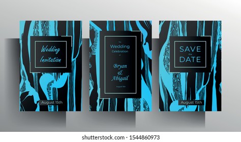 Design wedding invitation card set. Hand-drawn blue texture frame on a black background. Vector 10 EPS.