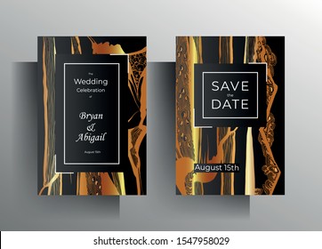 Design wedding invitation card set. Hand-drawn golden texture frame on a black background. Vector 10 EPS.