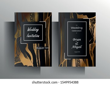 Design wedding invitation card set. Hand-drawn golden texture frame on a black background. Vector 10 EPS.