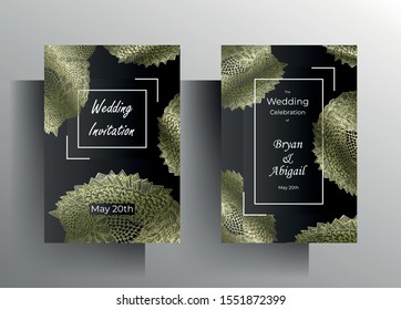 Design wedding invitation card set. Hand painted metal textural ornament on a graphite black background. EPS 10 vector.
