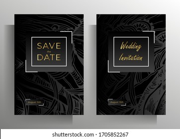 Design wedding invitation card set. A strict concept in black with hand-drawn textural elements. Vector 10 EPS.