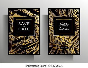 Diseñar juego de tarjetas de invitación de boda. Los elementos dorados y negros son dibujados a mano. Vector 10 EPS.