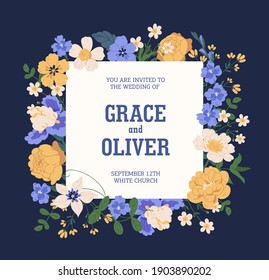 Design of wedding invitation with elegant lush flowers. Floral template of inviting card with gorgeous blooming peony roses, irises, clematises and place for text. Colorful flat vector illustration