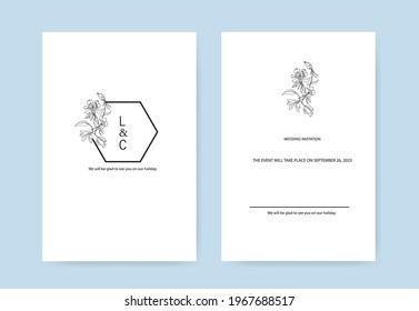Design of wedding invitation layouts with floral elements in a minimalist style. Outline image of a flower in a frame with the initials of the newlyweds. EPS10.