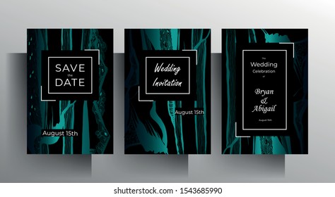 Design wedding invitation set of cards. A turquoise texture frame on a black background is manually drawn. Vector 10 EPS.