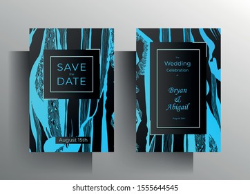 Design wedding invitation set of cards. A turquoise texture frame on a black background is manually drawn. Vector 10 EPS.