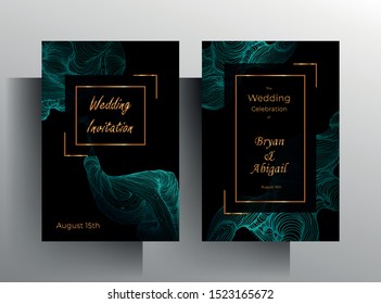 Design wedding invitation template set. Turquoise texture elements and golden frames on a black background are hand-drawn. Vector 10 EPS.