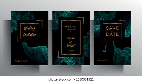 Design wedding invitation template set. Turquoise texture elements and golden frames on a black background are hand-drawn. Vector 10 EPS.