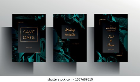 Design wedding invitation template set. Turquoise texture elements and golden frames on a black background are hand-drawn. Vector 10 EPS.