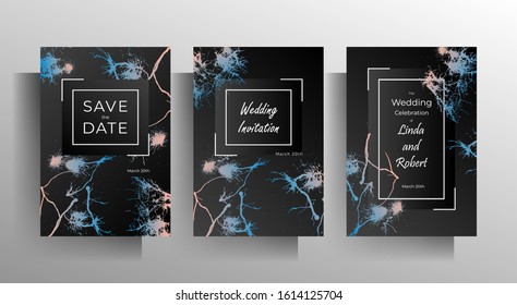 Design wedding invitation template set. Blots of paint on a black background are drawn by hand. Vector 10 EPS.