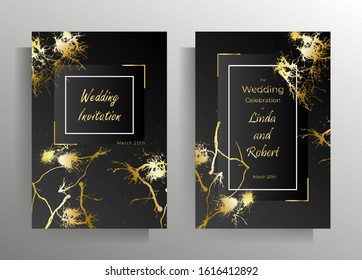 Design wedding invitation template set. Gold blots of paint on a black background are manually drawn. Vector 10 EPS.