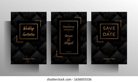 Design wedding invitation template set. Floral hand painted texture in black color. Vector 10 EPS.