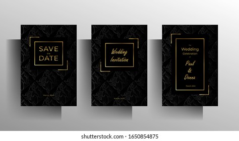 Design wedding invitation template set. Floral hand painted texture in black color. Vector 10 EPS.