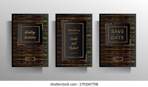 Diseñar conjunto de plantillas de invitación a boda. Textura de rayas doradas sobre fondo negro. Vector 10 eps.