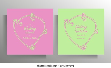 Design wedding invitation template set. Hand drawn doodle frame for your text. Vector illustration of pastel colors.