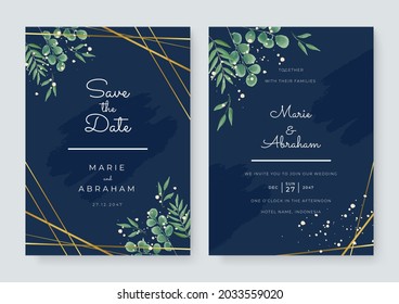 Design wedding invitation template set. Abstract texture elements and golden frames on a dark blue background are hand-drawn with floral and leaf element design