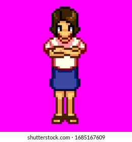 A design in which a woman wearing a T-shirt with crossed arms. 