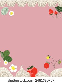 Design with whipped cream and strawberries. Whipped cream border. Strawberry background, banner. Vector illustration design with empty space.