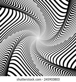 Design whirlpool movement illusion background. Abstract lines distortion twisted geometric backdrop. Spider web texture. Vector-art illustration. No gradient